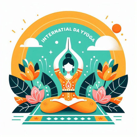 International Yoga Day. Young woman sitting in lotus position on yoga mat and meditating. Vector illustration.のイラスト素材