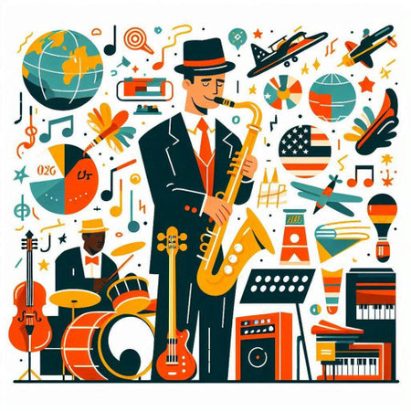 Jazz festival poster with musical instruments and musician. Vector illustration in flat styleのイラスト素材