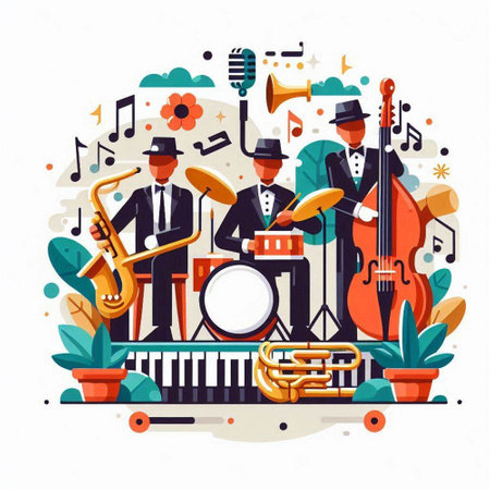 Musical instruments flat vector illustration. Musician playing trumpet, saxophone, drum, saxophone, violin, tambourine, trumpet. Live concert concept for banner, website design or landing pageのイラスト素材