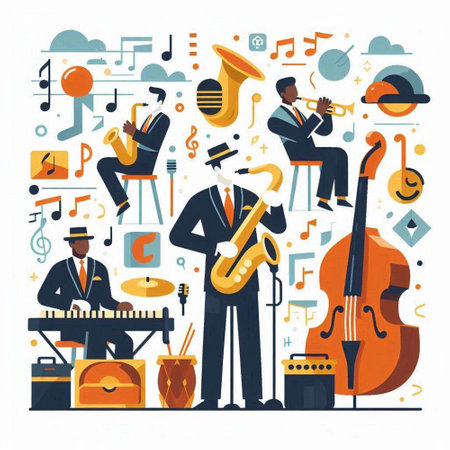 Musicians and instruments flat vector illustration. Musician playing trumpet, saxophone, trombone, saxophone, violoncello, saxophone, jazz band, jazz band. Music festival conceptのイラスト素材