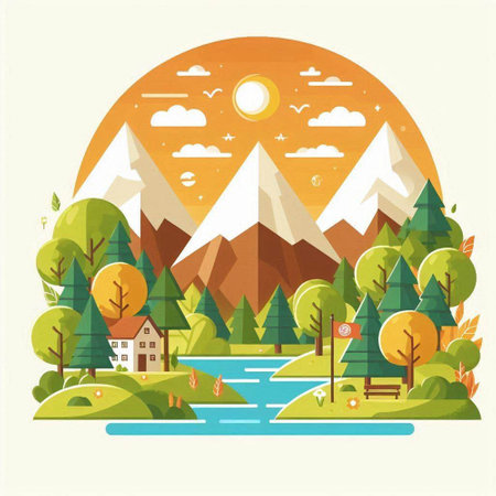 Landscape with mountains, forest and river. Flat style vector illustration.のイラスト素材