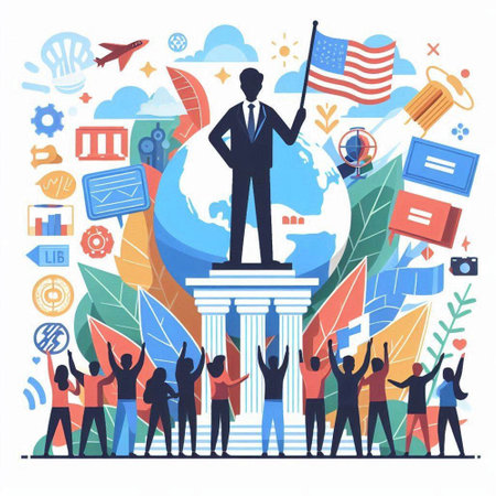 Vector illustration of success concept with people standing on podium and holding flagのイラスト素材