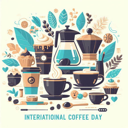 International coffee day poster. Vector illustration in flat style. Design element for banner, card, poster, flyer, brochure.のイラスト素材