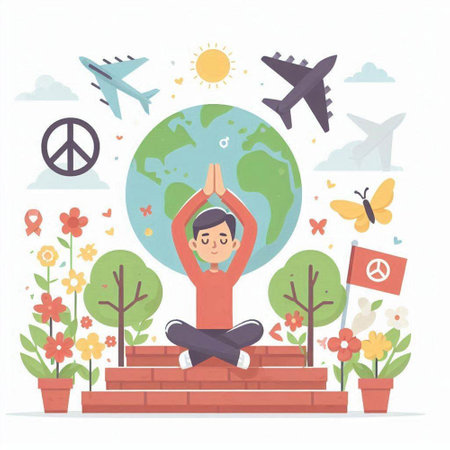 World Peace Day concept. Man meditating in lotus position, vector illustrationのイラスト素材