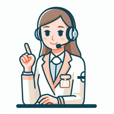 Illustration of a female receptionist wearing a headset and pointing upのイラスト素材