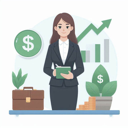 Businesswoman with notebook and money. Vector illustration in flat style.のイラスト素材