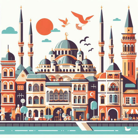 Cityscape of Istanbul, Turkey. Vector illustration in flat style.のイラスト素材