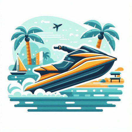 Vector illustration of a speedboat on the beach in flat style.のイラスト素材