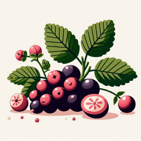 Illustration of a bunch of black currant with leaves and berriesのイラスト素材