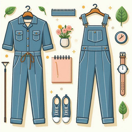 Vector set of women's clothing and accessories. Jeans overalls, pants, sneakers, wrist watch, bag, bracelet, notebook, shoes.のイラスト素材