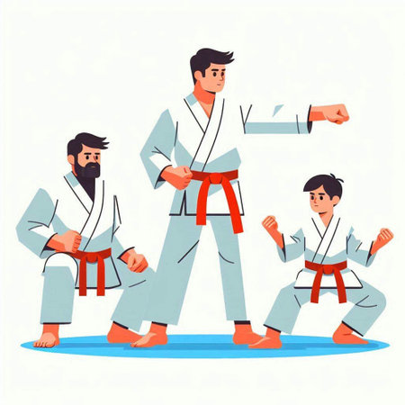 Taekwondo. A man in a kimono and a man in a red belt. Vector illustrationのイラスト素材