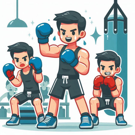 Cartoon boxer in boxing gloves. Boxer training in gym. Vector illustrationのイラスト素材