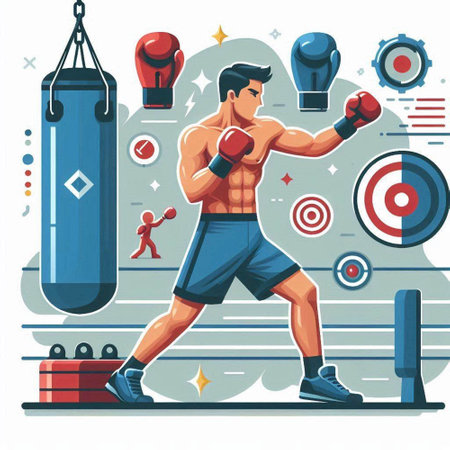 Boxing man in sportswear training in the gym. Vector illustrationのイラスト素材