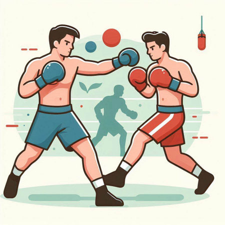 Boxing match. Two boxers fighting. Vector illustration in flat style.のイラスト素材