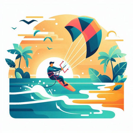 Kitesurfing in the ocean. Vector illustration in flat styleのイラスト素材