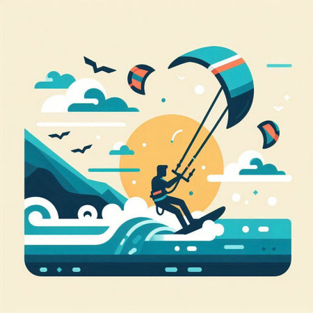 Kitesurfing in the sea. Flat design vector illustration.のイラスト素材