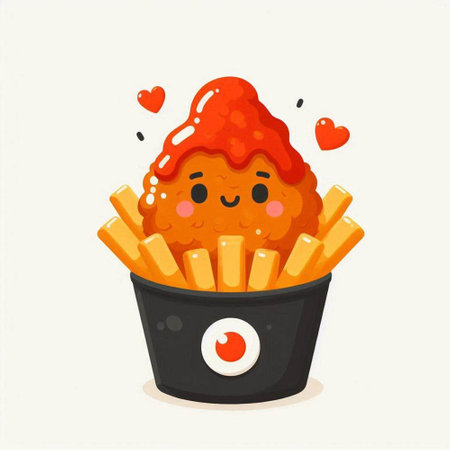 Cute kawaii fried chicken with french fries. Vector illustration.のイラスト素材