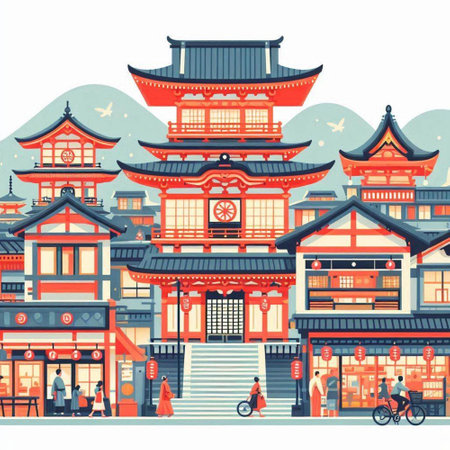 Korean traditional buildings and streets. Vector illustration in flat style.のイラスト素材
