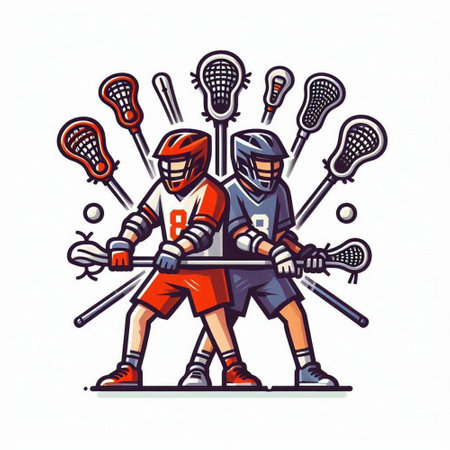 Lacrosse players in action, cartoon vector illustration isolated on white background.のイラスト素材