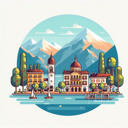 Vector illustration of the city of Almaty, Kazakhstan. Landscape in a flat style.のイラスト素材
