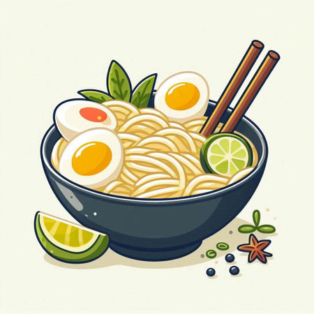 Noodles in bowl with chopsticks and lime. Vector illustration.のイラスト素材