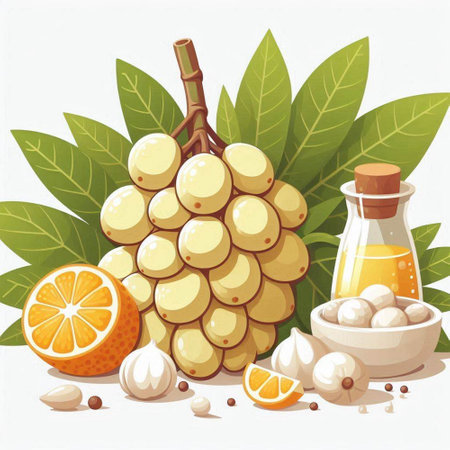 Illustration of a bunch of ripe longan fruit and some ingredientsのイラスト素材
