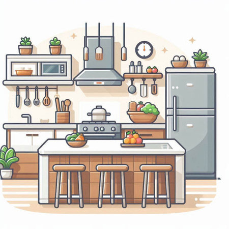 Kitchen interior with furniture and equipment, vector illustration in cartoon styleのイラスト素材