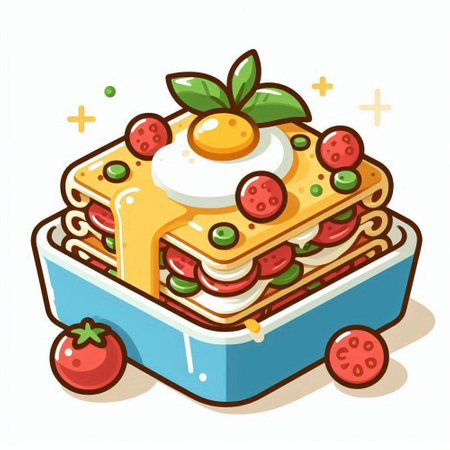 Vector illustration of a waffle with cheese, tomato and eggs.のイラスト素材