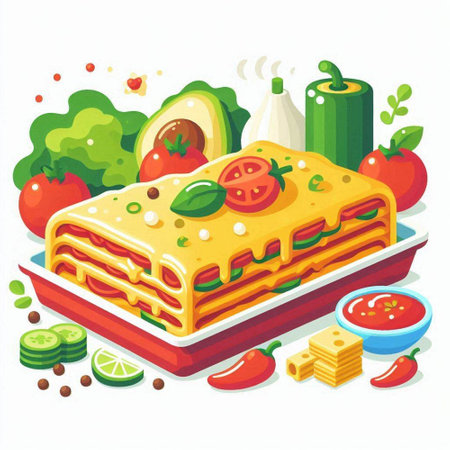 Illustration of lasagna with tomato sauce, avocado and cucumberのイラスト素材