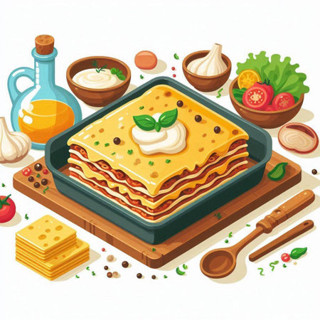 Illustration of lasagna with sauce and ingredients on a white backgroundのイラスト素材