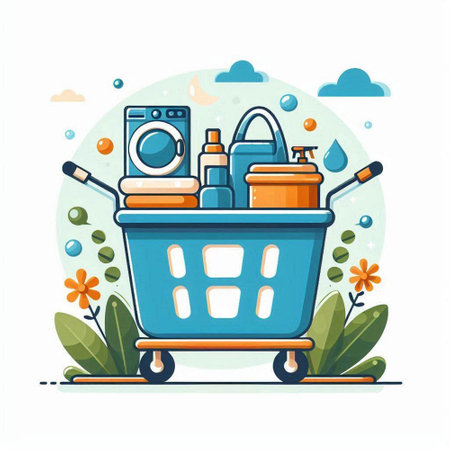 Laundry basket with cleaning products. Vector illustration in flat styleのイラスト素材