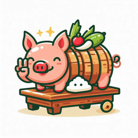 Cute pig with a wooden barrel. Vector illustration in cartoon style.のイラスト素材