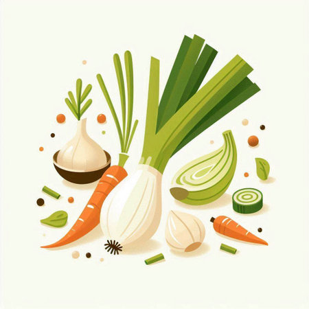 Vegetables vector illustration. Onion, garlic, pepper, carrot, parsley.のイラスト素材
