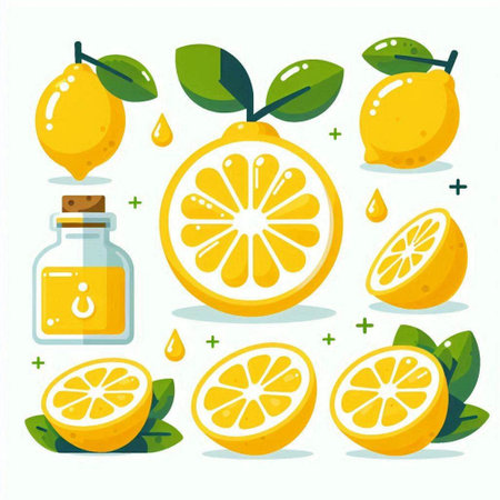 Lemon and essential oil in a glass bottle. Vector illustration.のイラスト素材