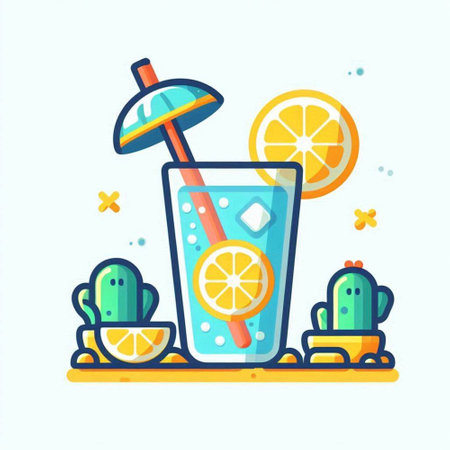 Cocktail with ice, lemon and cactus. Vector illustration.のイラスト素材
