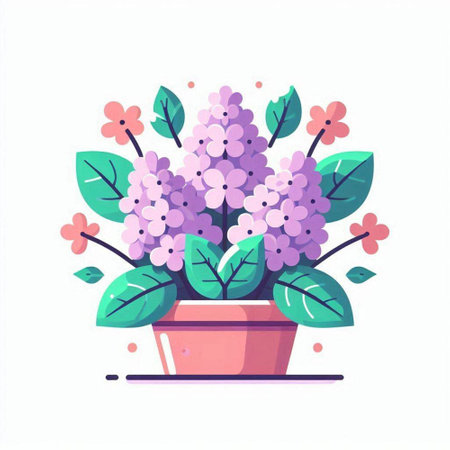 Flowerpot with lilac flowers. Vector illustration in flat styleのイラスト素材