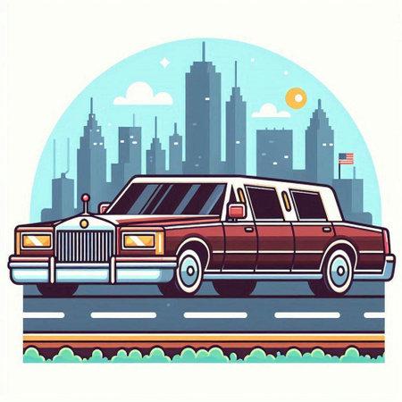 Retro limousine on the background of the city. Vector illustrationのイラスト素材