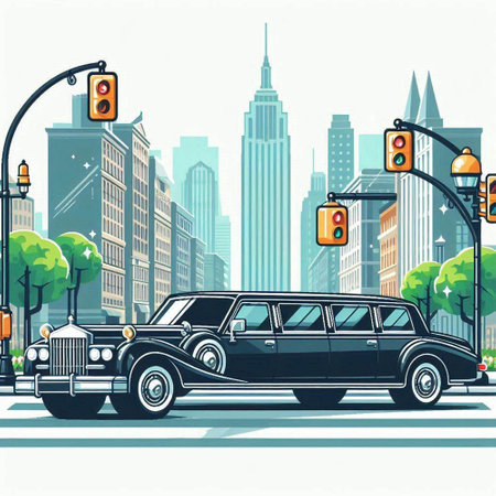 Retro limousine on the city street. Vector illustration.のイラスト素材