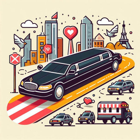 Vector illustration of limousine on the road with city background.のイラスト素材