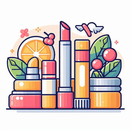 Lipsticks and orange fruit. Vector illustration in flat style.のイラスト素材