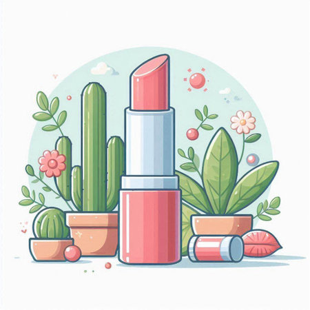 Lipstick and cactus. Vector illustration in cartoon style.のイラスト素材