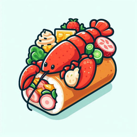 Illustration of a lobster on a roll with vegetables and cheese.のイラスト素材