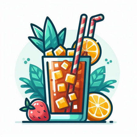 Cocktail with orange, strawberry and ice. Vector illustration.のイラスト素材