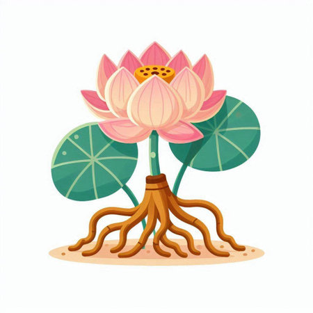 Lotus flower with roots. Vector illustration in cartoon style isolated on white background.のイラスト素材