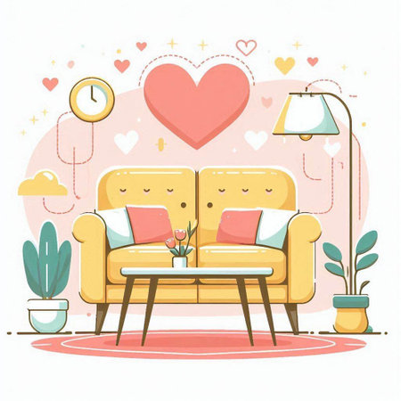 Vector illustration of living room with yellow sofa, coffee table, clock, potted plants and hearts.のイラスト素材