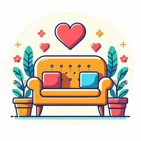 Sofa with pillows and hearts in a flowerpot. Flat vector illustration.のイラスト素材