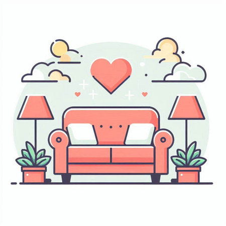 Living room with sofa, lamp, flowerpot and heart. Vector flat illustrationのイラスト素材