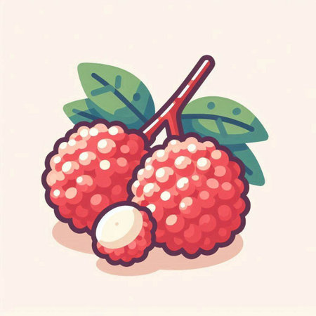 Lychee fruit vector illustration. Ripe lychee with leaves.のイラスト素材