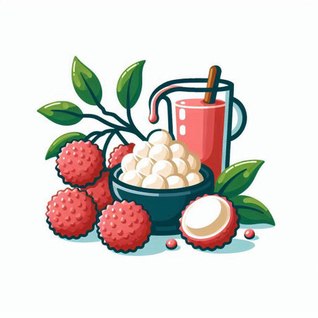 Lychee juice and ripe lychee fruits. Vector illustration.のイラスト素材