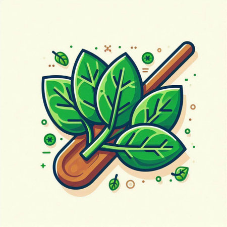 Spinach leaves with wooden scoop. Vector illustration in flat style.のイラスト素材